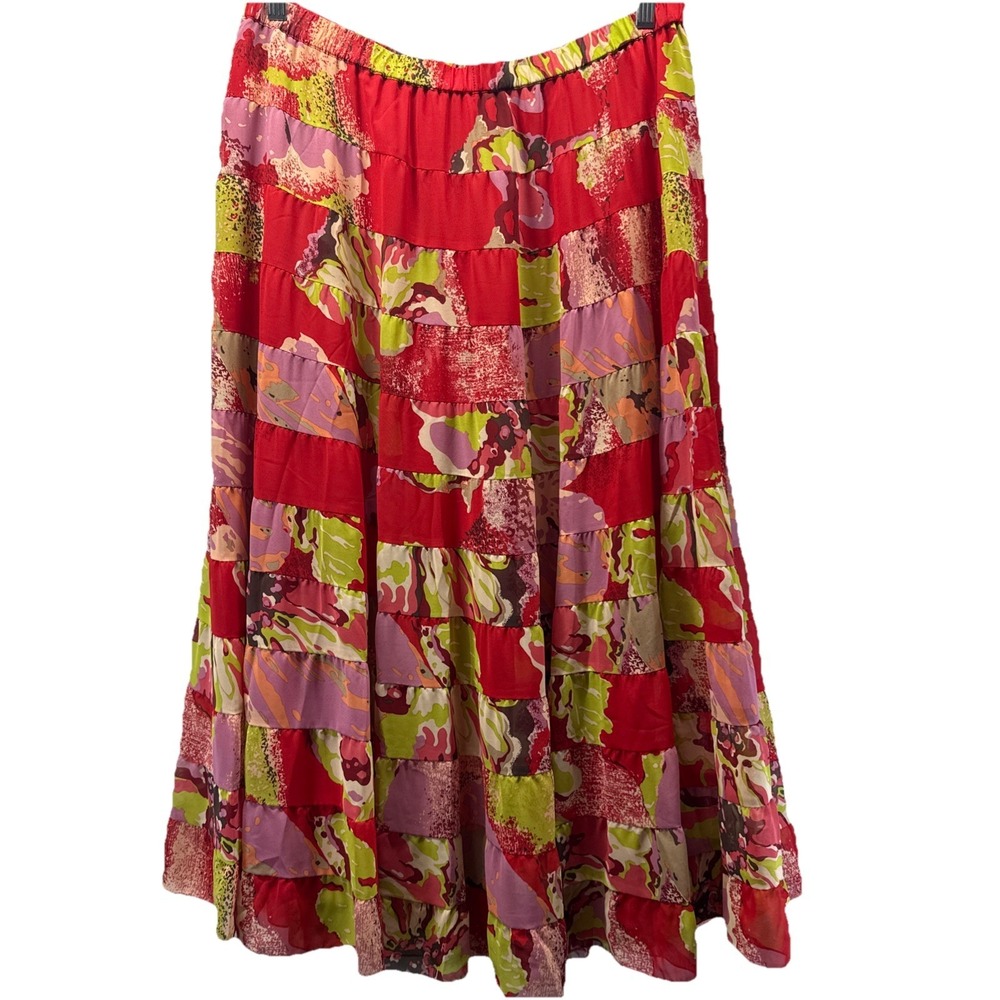 Coldwater Creek Women's Skirt Size Large Red Patchwork Full Sweep Lined Pull On
